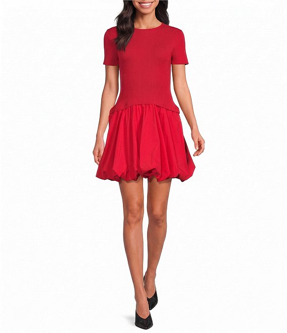 Elan Woven And Knit Crew Neck Short Sleeve Bubble Hem Pullover Dress