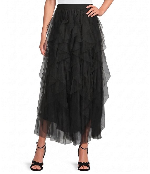 ELAN Woven Knit Tulle Midi Length Layered Pull-On Skirt