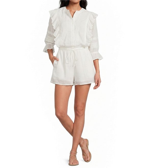 ELAN Woven Ruffle Round Neck 3/4 Sleeve Button Front Romper