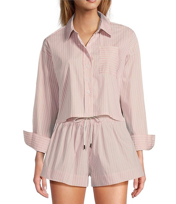 ELAN Woven Stripe Print Point Collar Long Sleeves Oversize