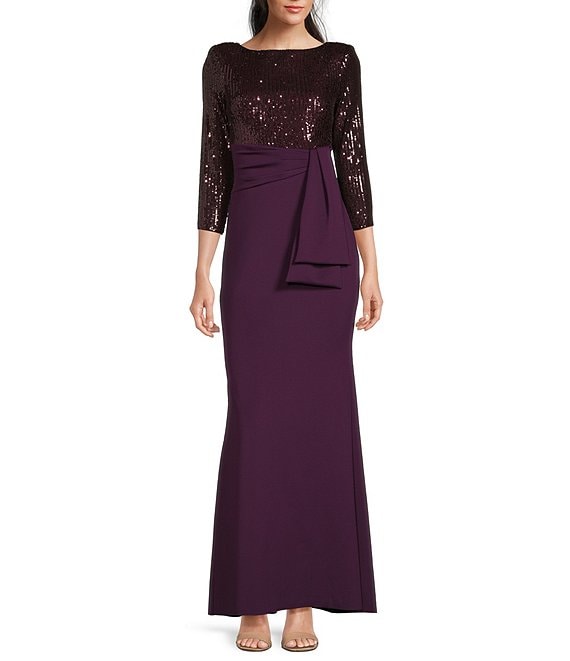 Color:Plum - Image 1 - 3/4 Sleeve Boat Neck Sequin Side Ruffle V-Back A-Line Gown