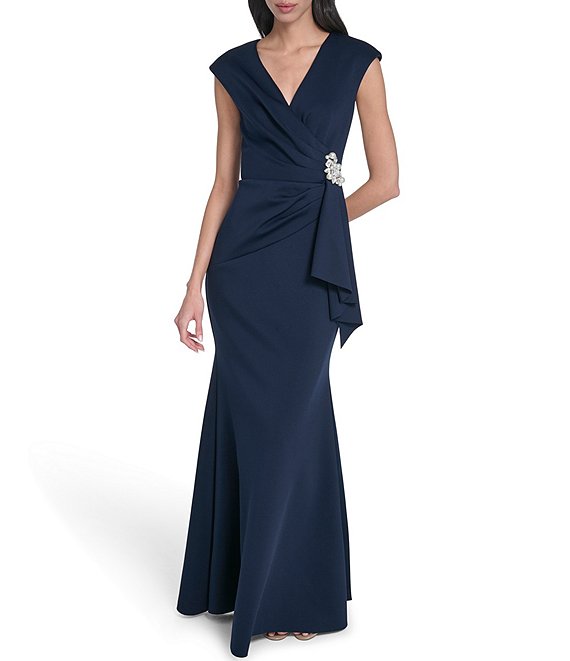 Eliza J Cap Sleeve V-Neck Front Drape Gown
