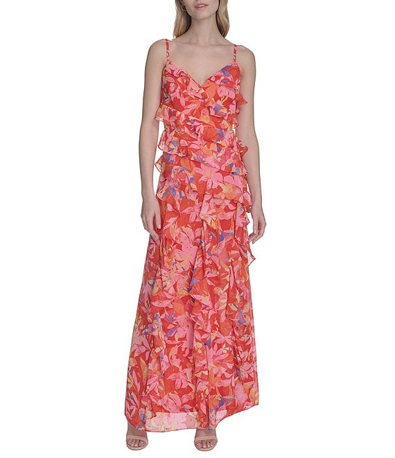 美しい Chiffon J Eliza Floral Sheath Ruffle Sleeveless Neck V Print トップス