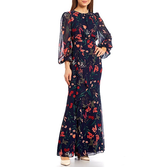 Eliza J Floral Print Chiffon Crew Neck Long Blouson Sleeve Maxi Dress