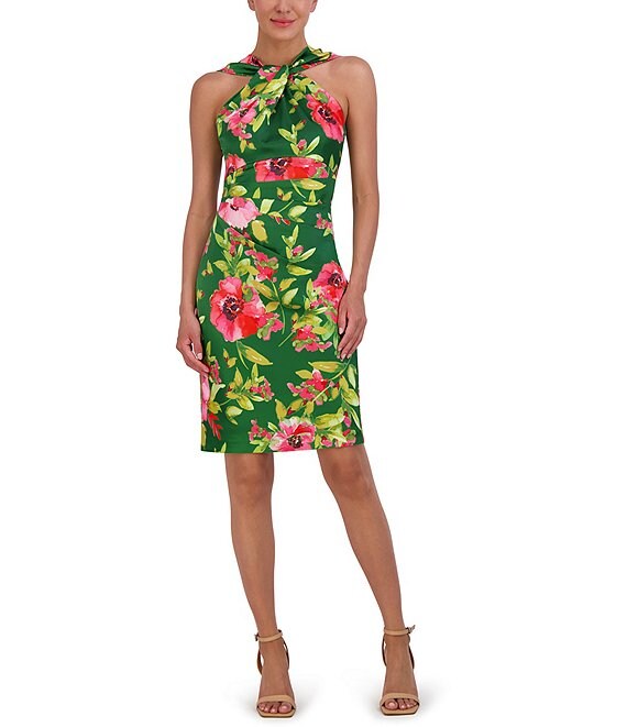 Eliza J Floral Print Stretch Satin Halter Twist Front Sleeveless Dress Dillard s