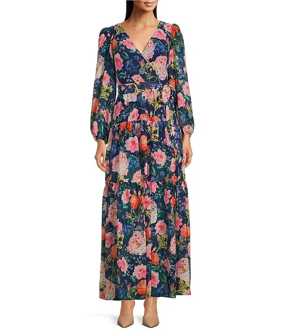 Eliza J Floral Print V-Neck Faux Wrap Long Sleeve Maxi Dress | Dillard's