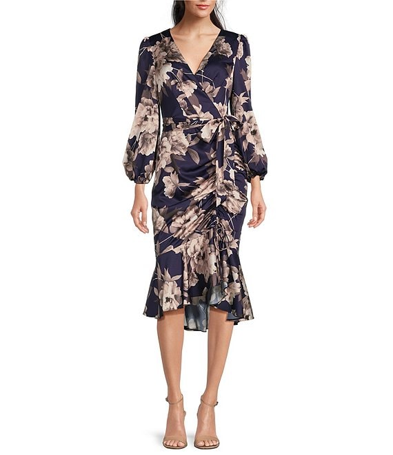 Eliza J Floral Surplice V Neck Long Balloon Sleeve Faux Wrap Dress Dillard s