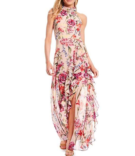 Color:Blush Multi - Image 1 - Halter Neck Floral Print Chiffon Sleeveless Side Slit Cascade Ruffle Maxi Dress