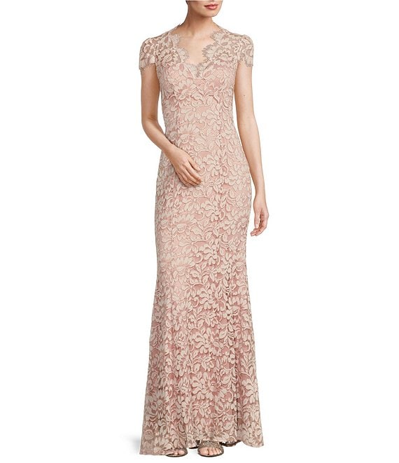 Eliza J Illusion Lace Neck Cap Sleeve V-Neck Mermaid Gown | Dillard's