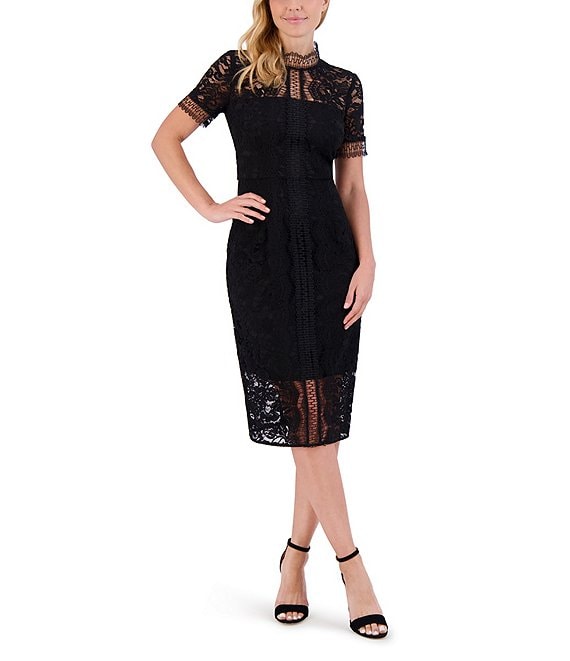 Eliza J Illusion Mock Neck Short Sleeve Lace Sheath Dress Eliza J Illusion Mock Neck Short Sleeve Lace Sheath Dress