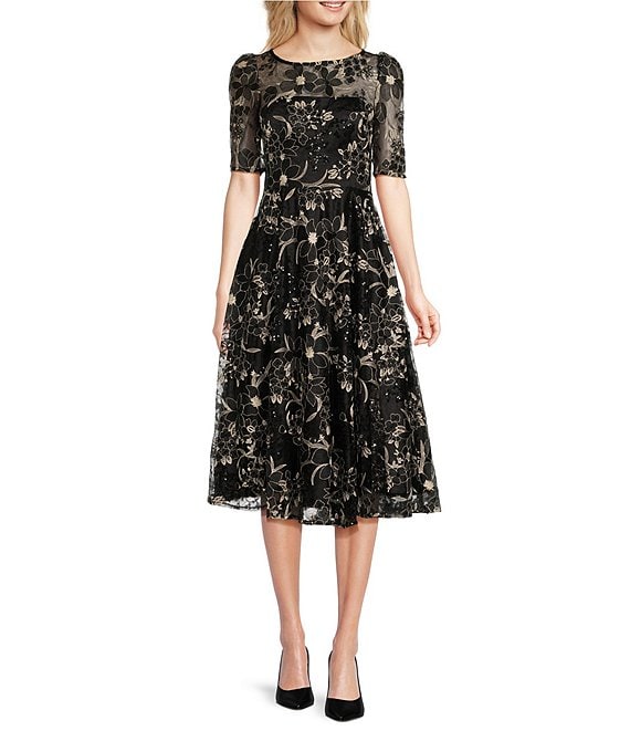 Eliza J Illusion Boat Neck Short Sleeve Sequin Embroidered Floral Lace  A-Line Midi Dress
