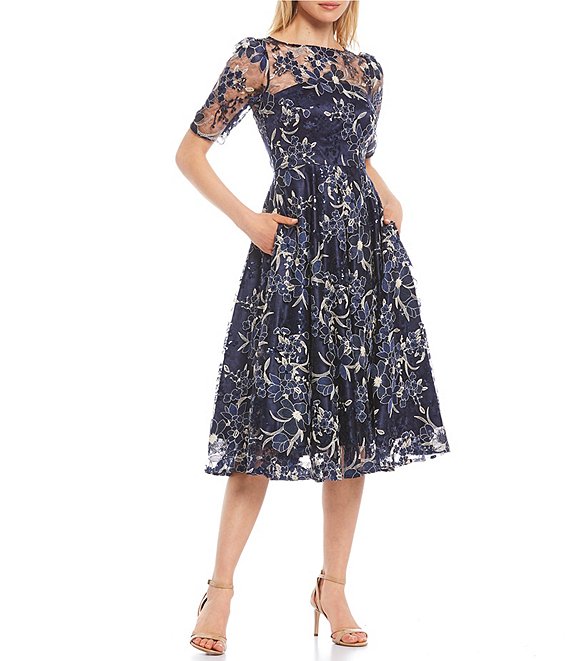 Eliza J Illusion Boat Neck Short Sleeve Sequin Embroidered Floral Lace  A-Line Midi Dress | Dillard's