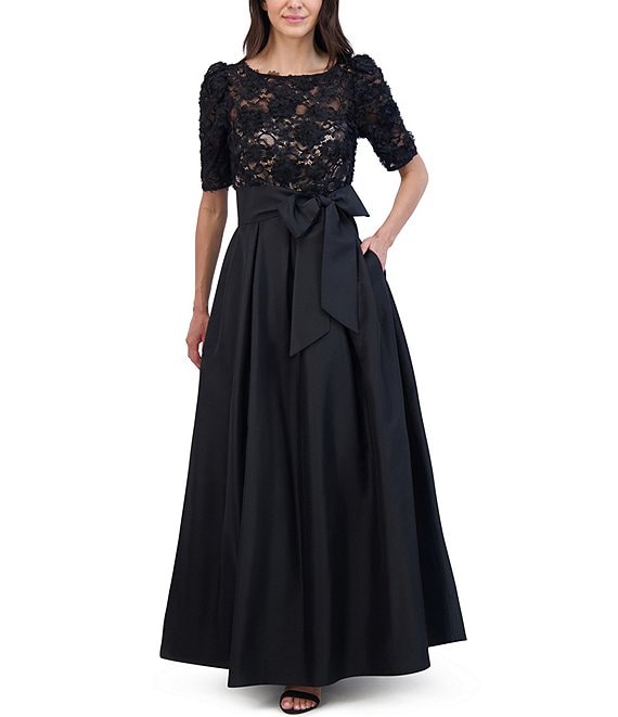 Eliza J Lace Boat Neck Elbow Sleeve Taffeta Bow Pleated Gown Dillard s