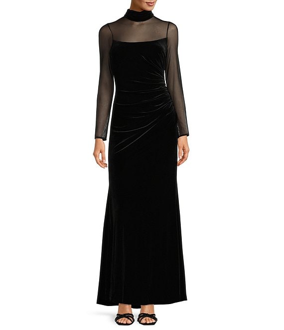 Color:Black - Image 1 - Mock Neck Mesh Stretch Velvet Side Ruched Long Illusion Sleeve Keyhole Back Gown