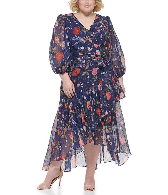 Eliza J Plus Size 3/4 Sleeve V-Neck Floral Metallic Print Chiffon Midi Dress