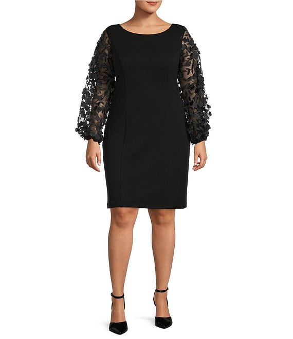 Color:Black - Image 1 - Plus Size Long 3D Floral Mesh Sleeve Round Neck Sheath Dress
