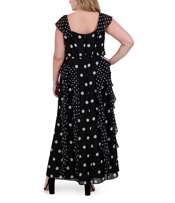 eliza j asymmetric ruffled dress Eliza J Plus Size V Neck Flutter Sleeve Polka Dot Asymmetrical Ruffle Gown, Womens, 22W, Black