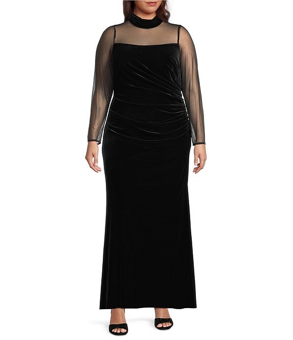 Eliza J Plus Size Velvet Mesh Illusion Mock Neck Long Sleeve Waist Pleats Gown, Black - Image 1