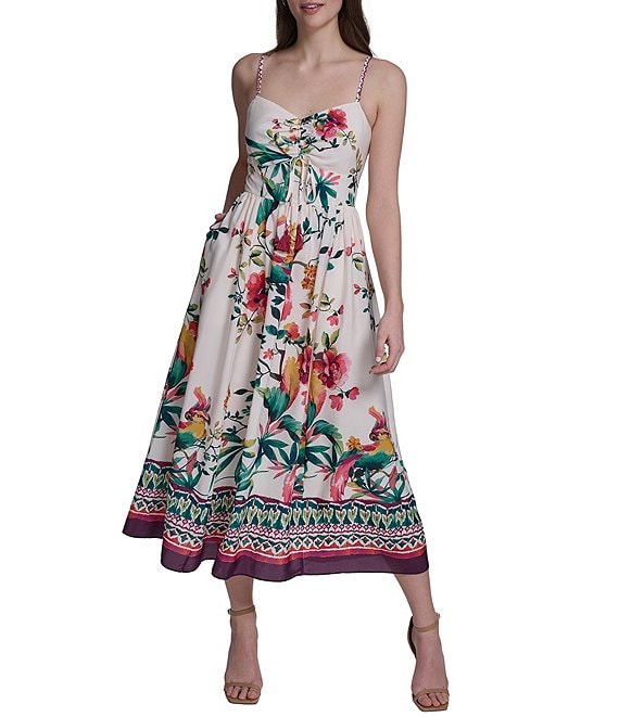 Eliza J Printed Ruched Front Midi Dress
