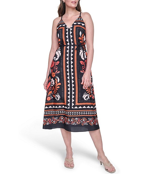 Eliza J Printed Tie Back Midi Dress