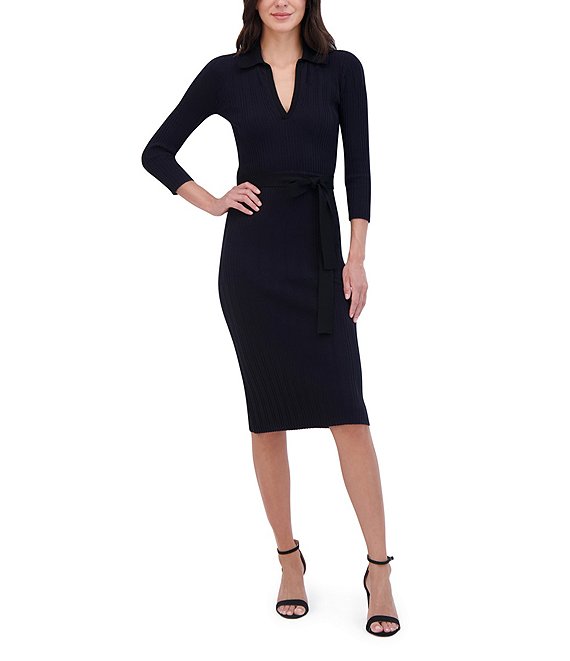 Eliza J Ribbed Split V Collar Neck Long Sleeve Tie Waist Midi Dress ...