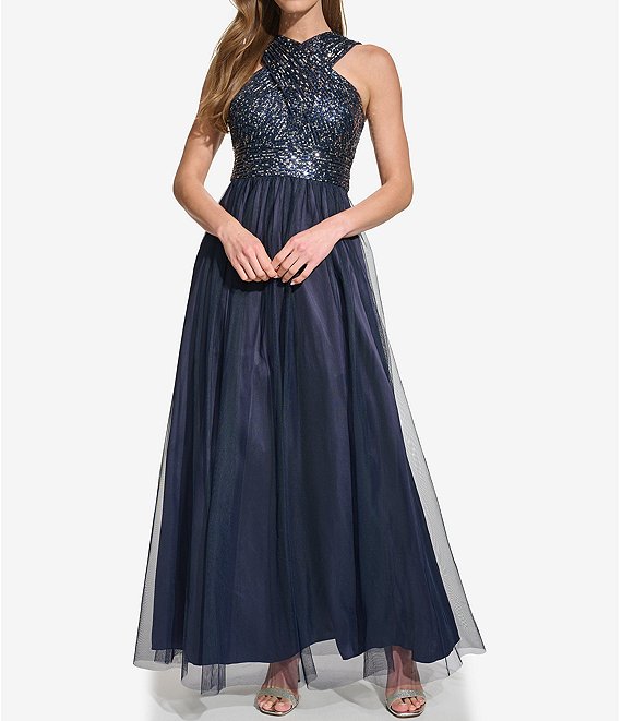 Eliza J Sequin Halter Neck Sleeveless Ball Gown | Dillard's