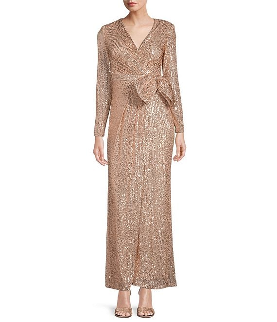 Color:Champagne - Image 1 - Sequined Long Sleeve Surplice V-Neck Front Slit Mesh Bow Waist Gown