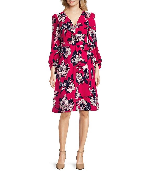 Color:Berry Floral Multi - Image 1 - Stretch Floral Print Ruched V-Neck Balloon Sleeve Midi Dress