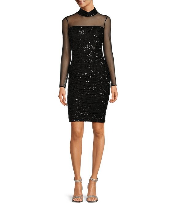 Eliza J Stretch Sequin Illusion Mock Neck Long Sleeve Ruched Dress ...