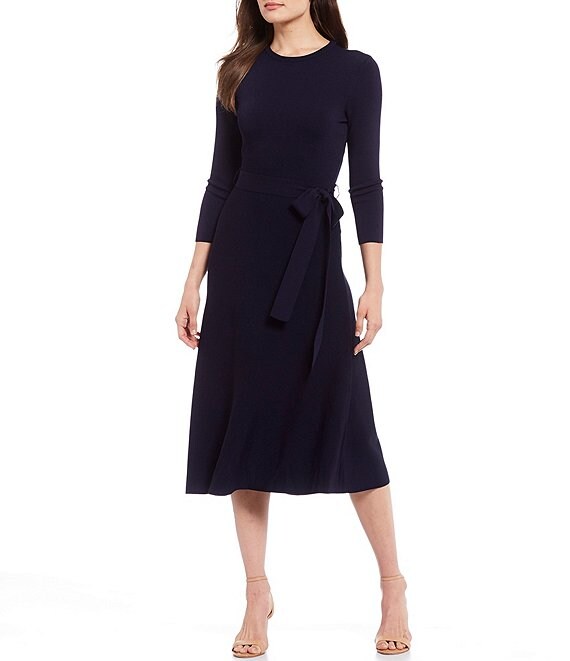 Eliza J Tie Waist 3/4 Sleeve Crew Neck A-Line Midi Dress | Dillard's