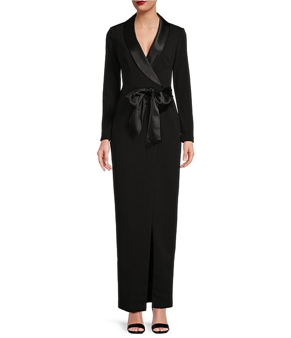 Color:Black - Image 1 - Tuxedo Wrap Surplice V-Neck Scuba Crepe Tie Waist Long Sleeve Front Slit Gown