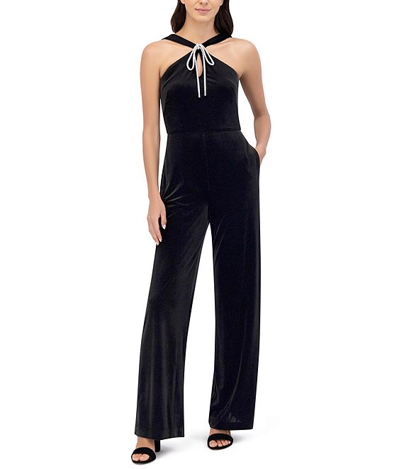 Eliza J Velvet Halter Neck Sleeveless Keyhole Bow Straight Leg Jumpsuit Dillard s