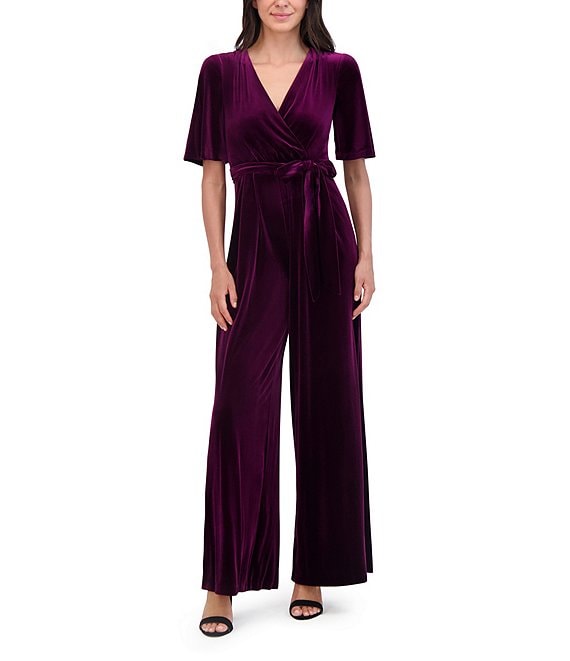 Eliza J Velvet V Neck Short Sleeve Tie Waist Wide Leg Jumpsuit Dillard s