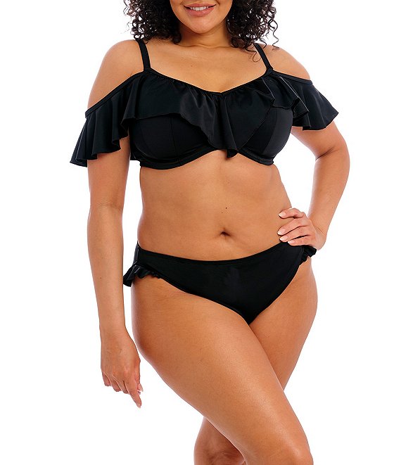 Elomi Plus Size Plain Sailing Off-The-Shoulder Underwire Bra Size Ruffle Swim Top & High Leg Ruffle Hipster Swim Bottom