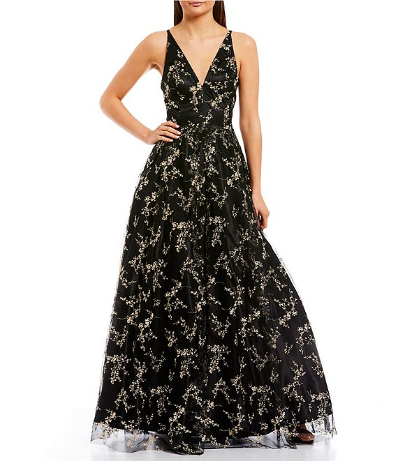 Embroidered Glitter Mesh Floral Ball Gown | Dillard's