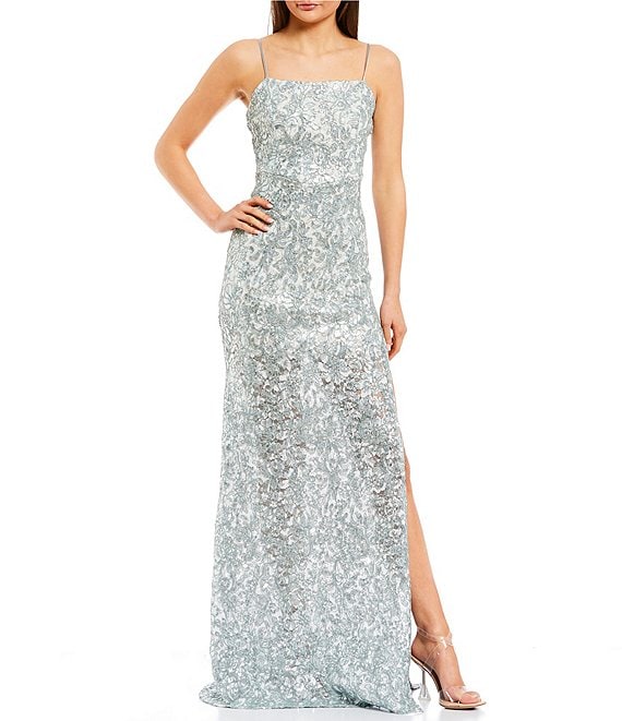 Embroidered Lace Mesh Side Slit Long Dress | Dillard's