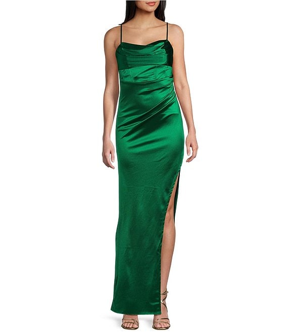 Honey and Rosie Emma Bodice Side Slit Satin Long Dress