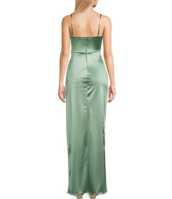 Honey and Rosie Emma Bodice Side Slit Satin Long Dress | Dillard's