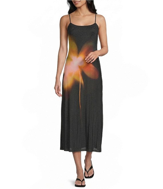 Emory Park Exploded Floral Print Mesh Square Neck Sleeveless Maxi Dress