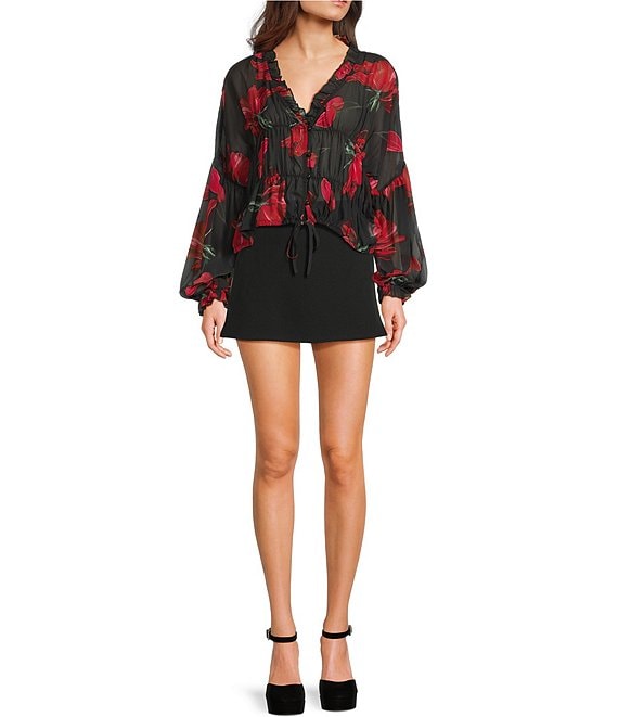 Emory Park Emory Park Floral Print V-Neck Button Front Long Sleeve Cinched Hem Blouse, Black Red Floral - Image 3