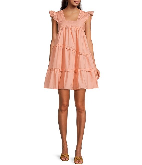 Color:Tangerine - Image 1 - Byblos Square Neck Sleeveless Ruffled Strap Poplin Mini Dress
