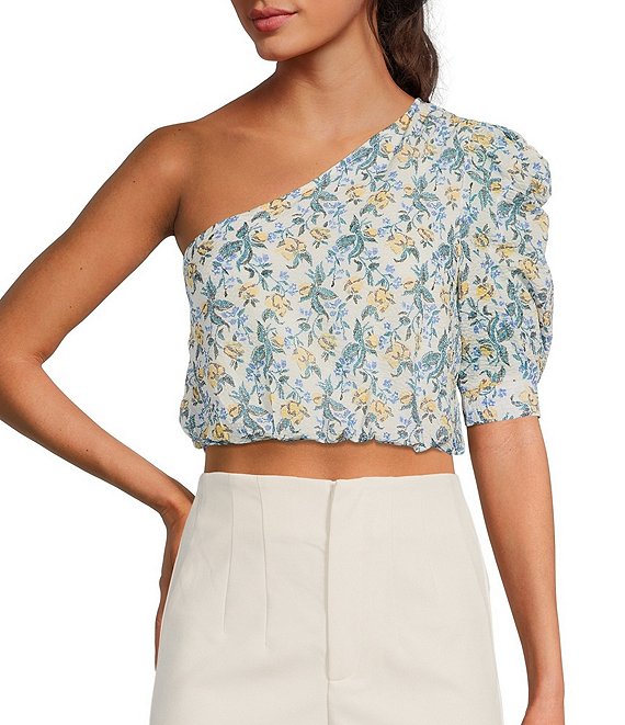 Color:Multi - Image 1 - Maeve Embroidered Feminine Floral Print Brocade Asymmetrical One Shoulder Short Puff Sleeve Crop Top
