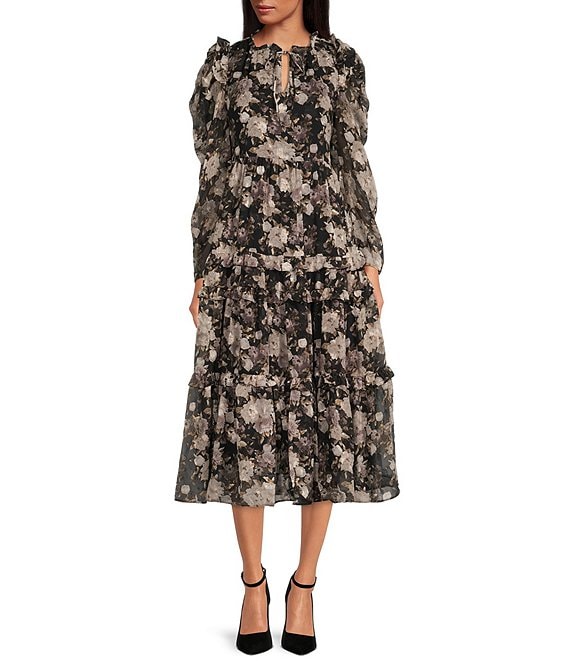 Color:Black Multi - Image 1 - Rena Floral Print Tie Split V-Neck Long Sleeve Ruffle Tiered Midi Dress