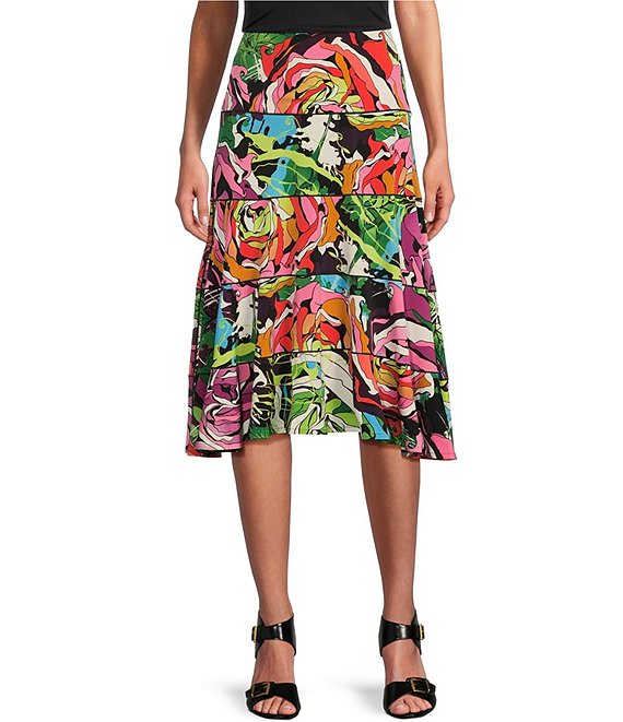 Eva Varro Floral Print Knit Jersey Ruffled 5-Tiered A-Line Coordinating ...