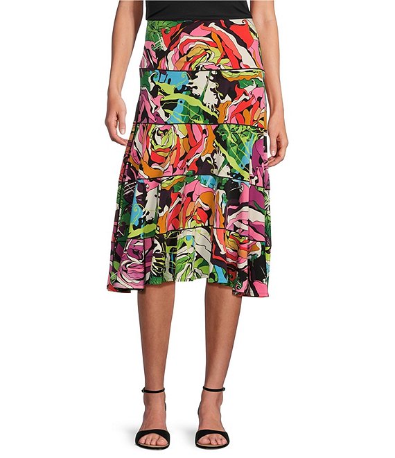 Eva Varro Floral Print Knit Jersey Ruffled 5-Tiered A-Line Coordinating ...