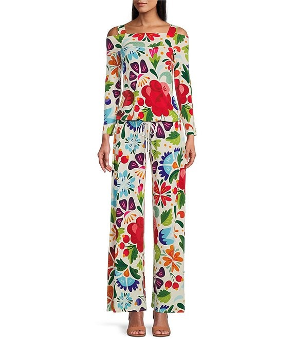 Eva Varro Floral Print Square Neck Cold Shoulder 3/4 Sleeve Jersey Knit ...