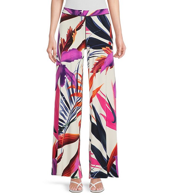 Color:Fanny - Image 1 - Floral Tropical Floral Print Knit Jersey Wide Leg Pull-On Coordinating Pants