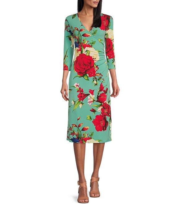Eva Varro Knit Jersey Mixed Floral Print Surplice V-Neck 3/4 Sleeve ...