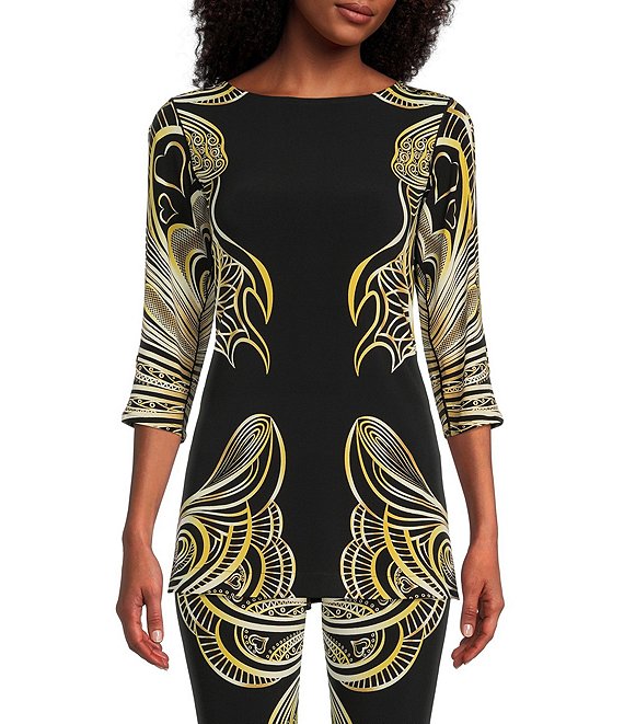 Color:Betty/Black - Image 1 - Mirrored Butterfly Wings Print Knit Jersey Boat Neck 3/4 Sleeve Tunic