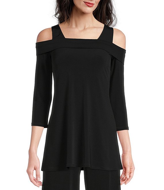 Color:Black - Image 1 - Solid Knit Jersey Off-the-Shoulder Wide Shoulder Strap 3/4 Sleeve Tunic